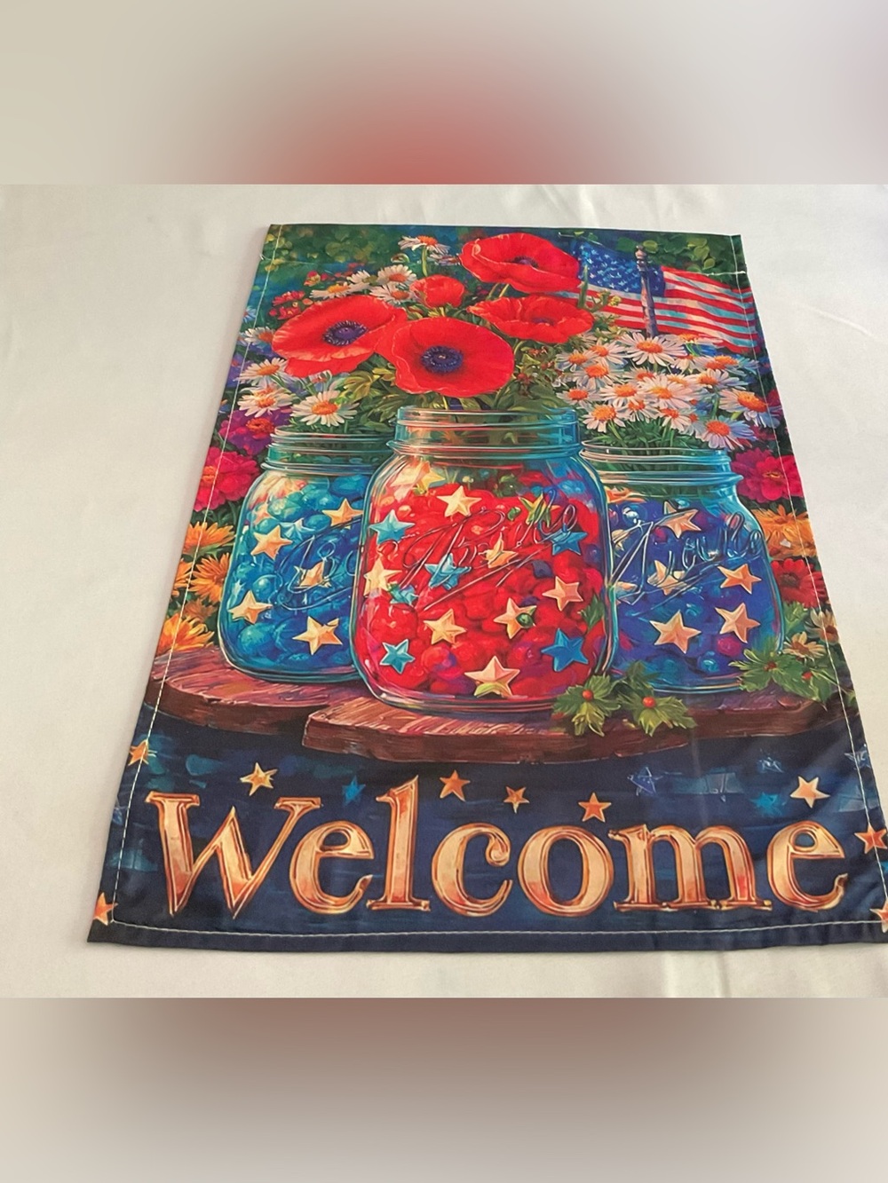 Patriotic Mason Jar Garden Flag - Red, Blue, White